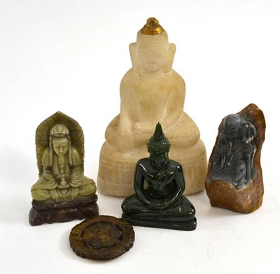 Lot 352 - Two soapstone figures, a green jade Burmese(?) Buddha, a Chinese jade pendant and an old carved...