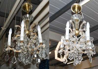 Lot 1343 - A pair of five branch cut glass chandeliers,...