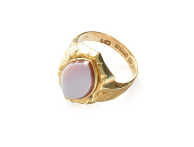 Lot 169 - A 9 carat gold hardstone signet ring, finger...