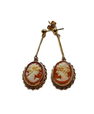 Lot 171 - A pair of 9 carat gold cameo drop earrings,...