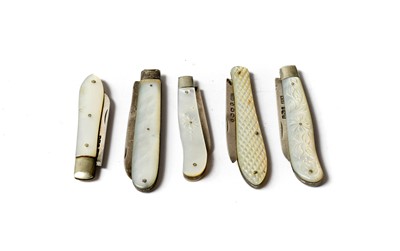 Lot 343 - Five mother of pearl fruit knives with silver...