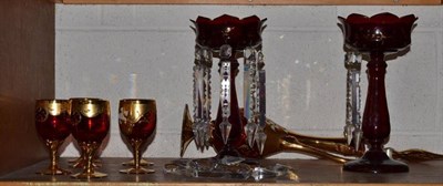 Lot 409 - Pair of Victorian ruby glass table lustres and drops, gilt decorated decanter and stopper and...