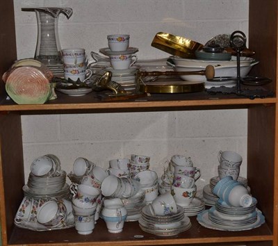 Lot 410 - Assorted ceramics, brassware etc (on two shelves)