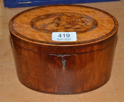 Lot 419 - A George III satinwood oval tea caddy, the hinged top with foliate and scroll inlaid oval...