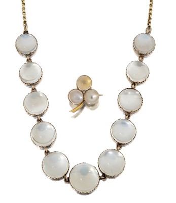 Lot 2001 - A Moonstone Necklace, Drop Earrings and Brooch