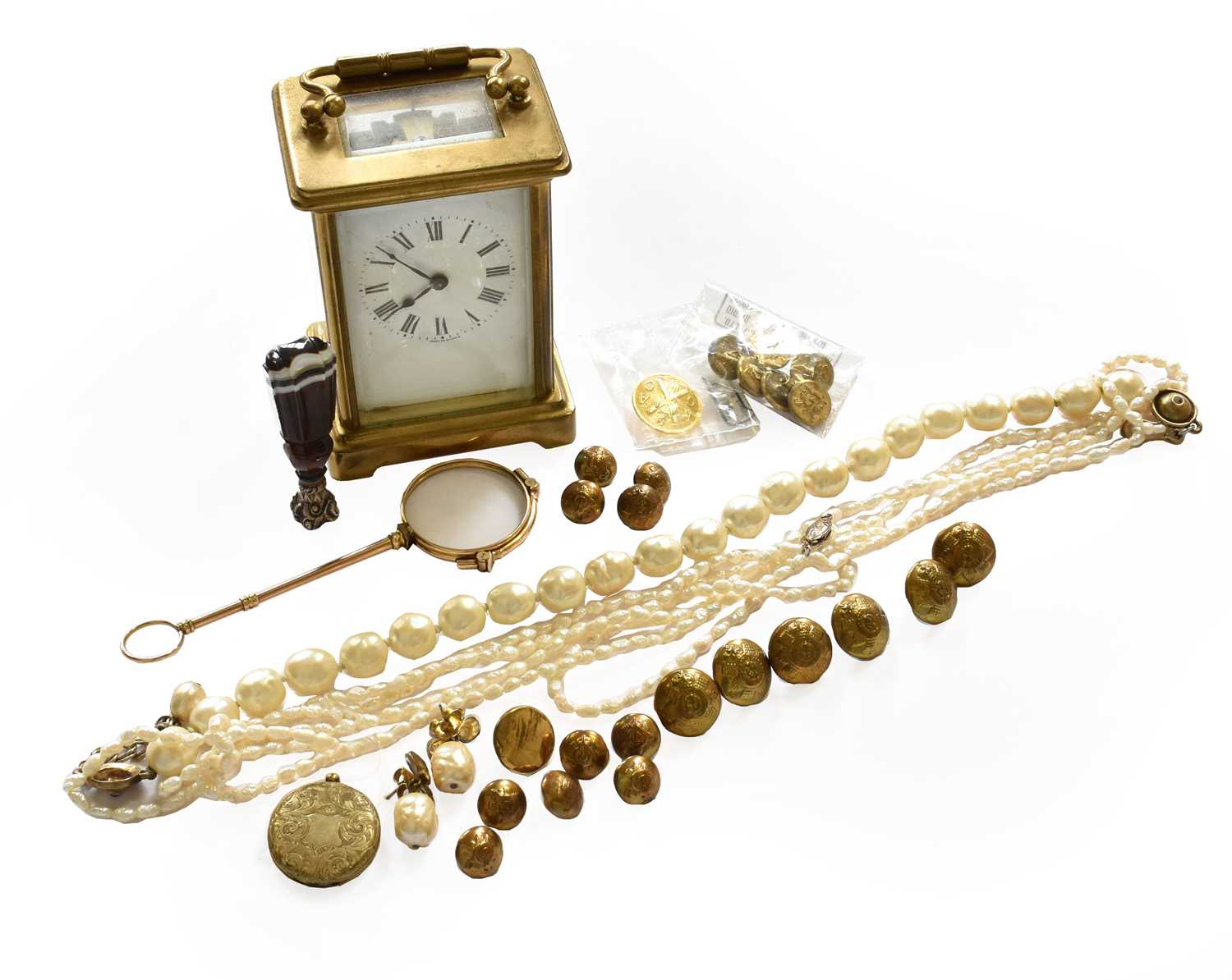 Lot 215 - Brass cased carriage timepiece and key,...