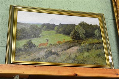 Lot 436 - Prof Johann Christopher Drahtmann (German 1856-1932) Roe deer by a track in a wooded landscape,...