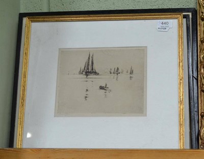 Lot 440 - Frank Henry Mason (1876-1965), A rowing boat and other vessels in calm waters, signed in...