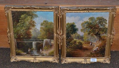 Lot 442 - Henry Harris, a pair of landscapes, children playing by a river and figures on a country path, each