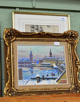 Lot 446 - Gunnar Zetterstrom (20th century) Swedish ";Stockholm in Winter";, signed, oil on board,...