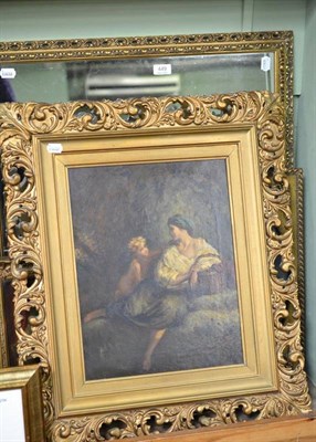 Lot 449 - Two modern gilt framed mirrors, framed print, oil figures in a landscape, portrait of a seated girl