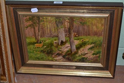 Lot 450 - Prof Johann Christopher Drahtmann (German 1856-1932) ";Bock im Wald";, stag in a forest,...