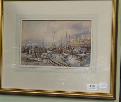 Lot 456 - Frank Rousse (fl.1897-1917) Whitby with figures and fishing boats in the foreground, signed, pencil