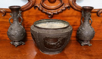 Lot 491 - A pair of Japanese Bronze two handled vases...