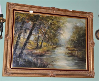 Lot 486 - Oil on canvas, woodland scene with stream