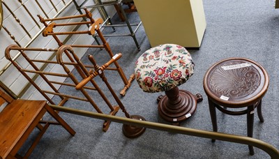 Lot 1244 - Two Victorian towel rails and a copper posser,...