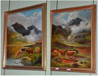 Lot 491 - W Anderson, a pair of oils on canvas depicting Highland cattle watering in a mountainous river...