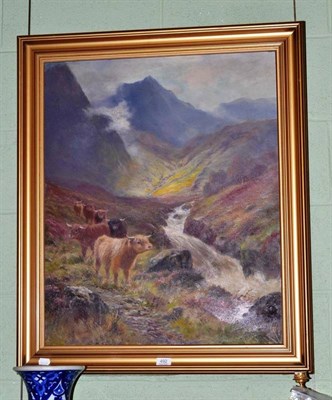 Lot 492 - Daniel Sherrin (1868-1940) Highland cattle in a misty landscape, signed, oil on canvas, 74cm by...