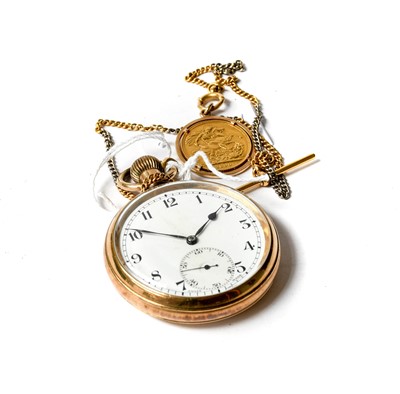 Lot 154 - An open-faced gold plated pocket watch,...