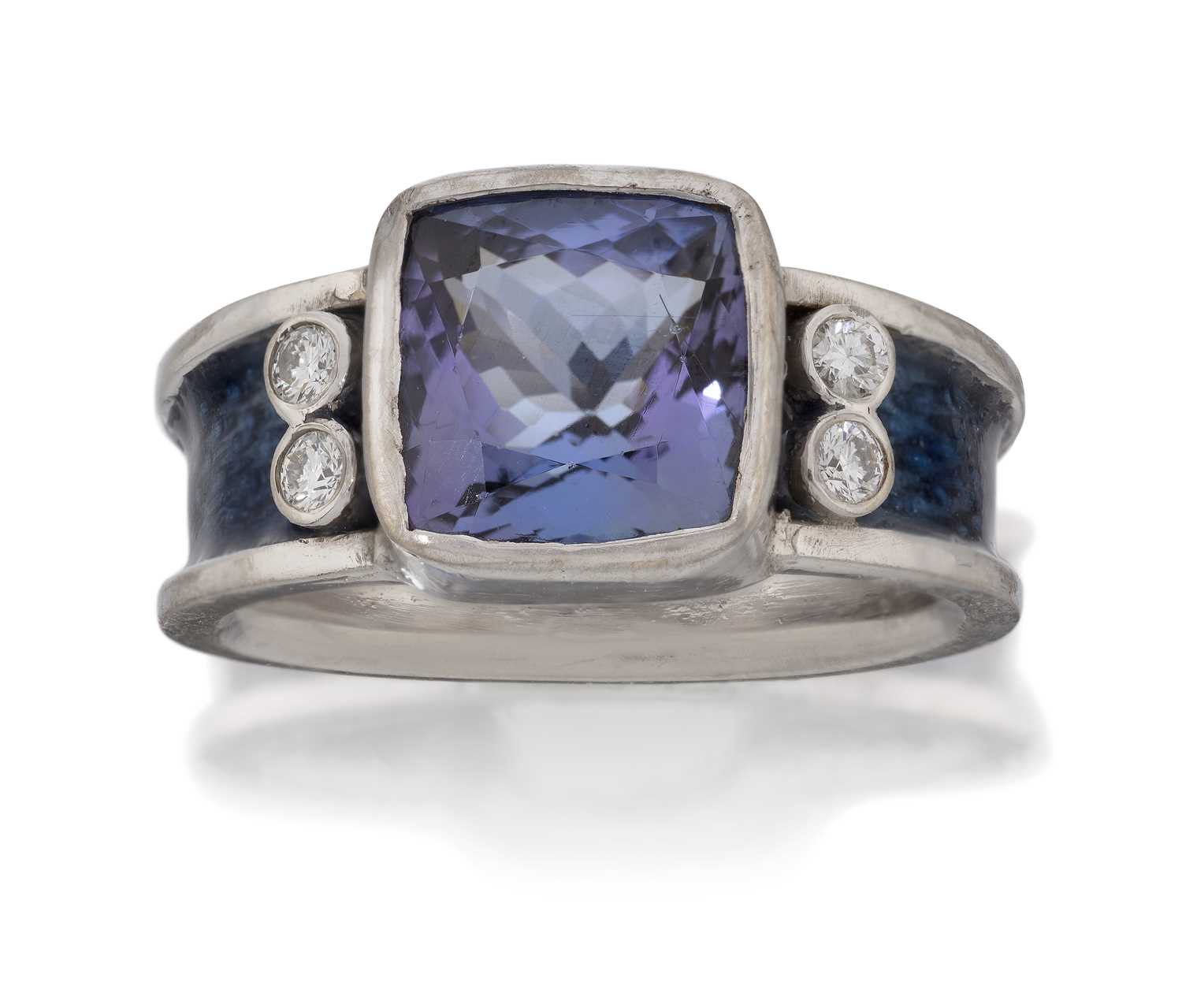 Lot 2137 - An 18 Carat White Gold Enamel, Tanzanite and Diamond Ring