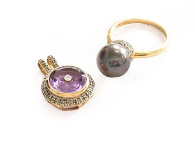 Lot 219 - A 9 carat gold cultured pearl and diamond ring,...