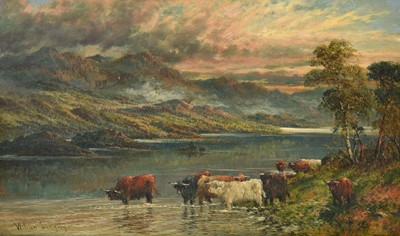 Lot 532 - William Langley (1852-1922) Cattle watering in...