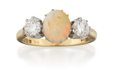 Lot 2289 - An 18 Carat Gold Opal and Diamond Three Stone Ring