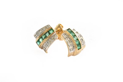 Lot 224 - A pair of 9 carat gold emerald and diamond...