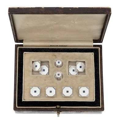 Lot 2095 - A Mother-of-Pearl and Sapphire Dress Stud, Button and Cufflink Suite