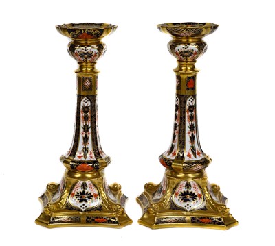 Lot 120 - A pair of Royal Crown Derby Imari candlesticks,...