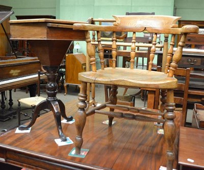 Lot 554 - Elm smokers bow chair, Victorian sewing table and a towel rail (3)