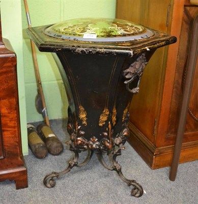 Lot 1154 - A 19th Century Toleware Hexagonal Two-Handled Tripod Coal Box, with black japanned decoration...