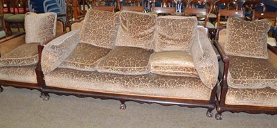 Lot 567 - Three piece bergere suite with loose cushions