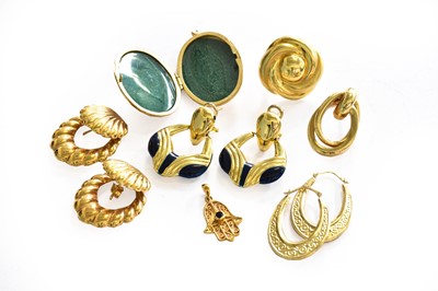Lot 238 - A pair of enamel drop earrings, stamped '14K';...