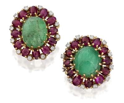 Lot 2280 - A Pair of Emerald, Ruby and Diamond Cluster Earrings