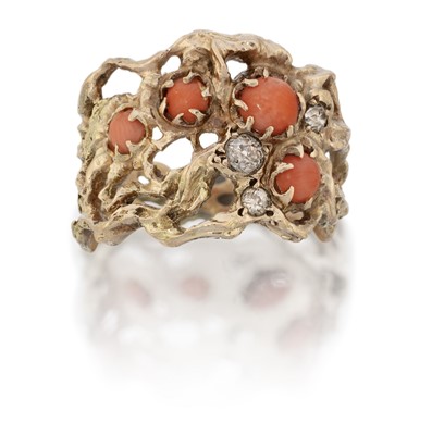 Lot 2098 - An Abstract 9 Carat Gold Coral and Diamond Ring