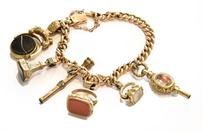 Lot 249 - A curb link bracelet, hung with six charms...