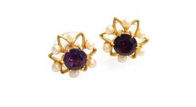 Lot 275 - A pair of 9 carat gold purple stone and...