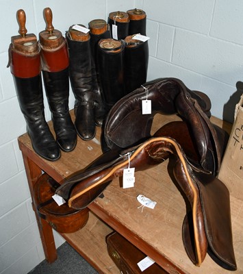 Lot 1323 - Four pairs of leather riding boots with trees,...