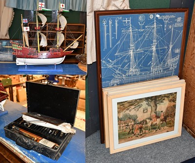 Lot 1300 - Ships model of Golden Hind, framed print, four...