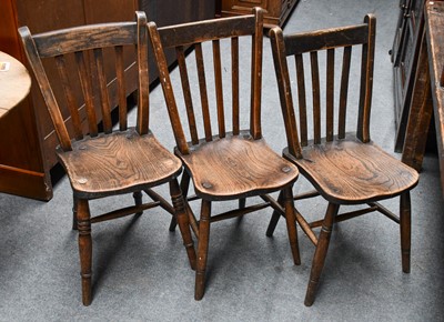 Lot 1204 - Six elm High Wycombe chairs, broad arrow marks