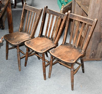 Lot 1204 - Six elm High Wycombe chairs, broad arrow marks