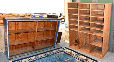 Lot 1221 - A pitch pine school shelving unit, 120cm by...