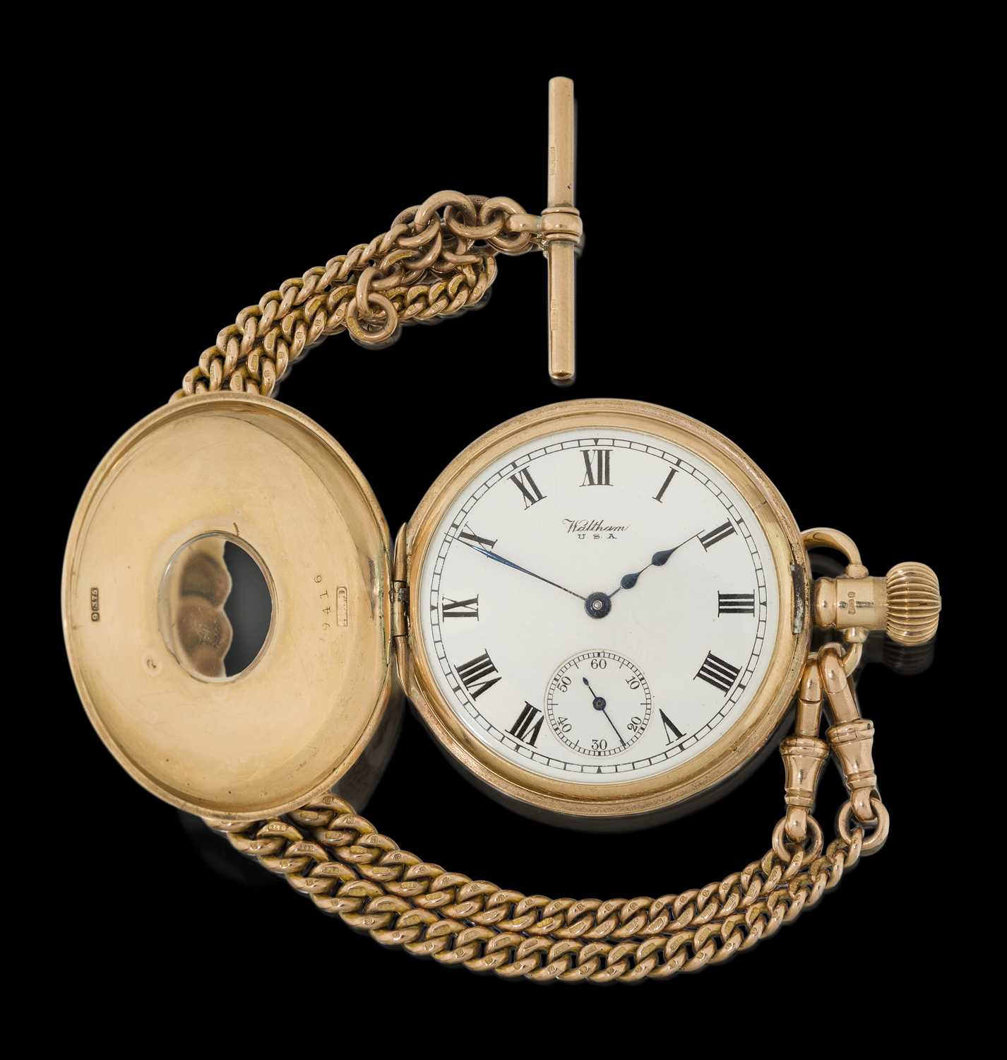 Lot 2384 - Waltham: A 9 Carat Gold Half Hunter Pocket Watch