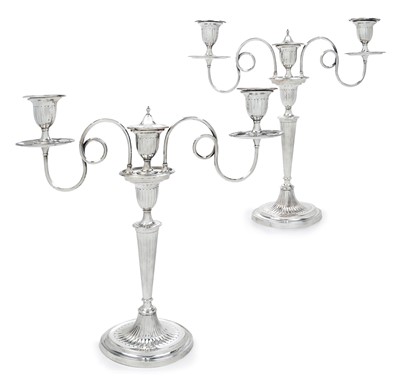 Lot 2088 - A Pair of Silver Plate Three-Light Candelabra