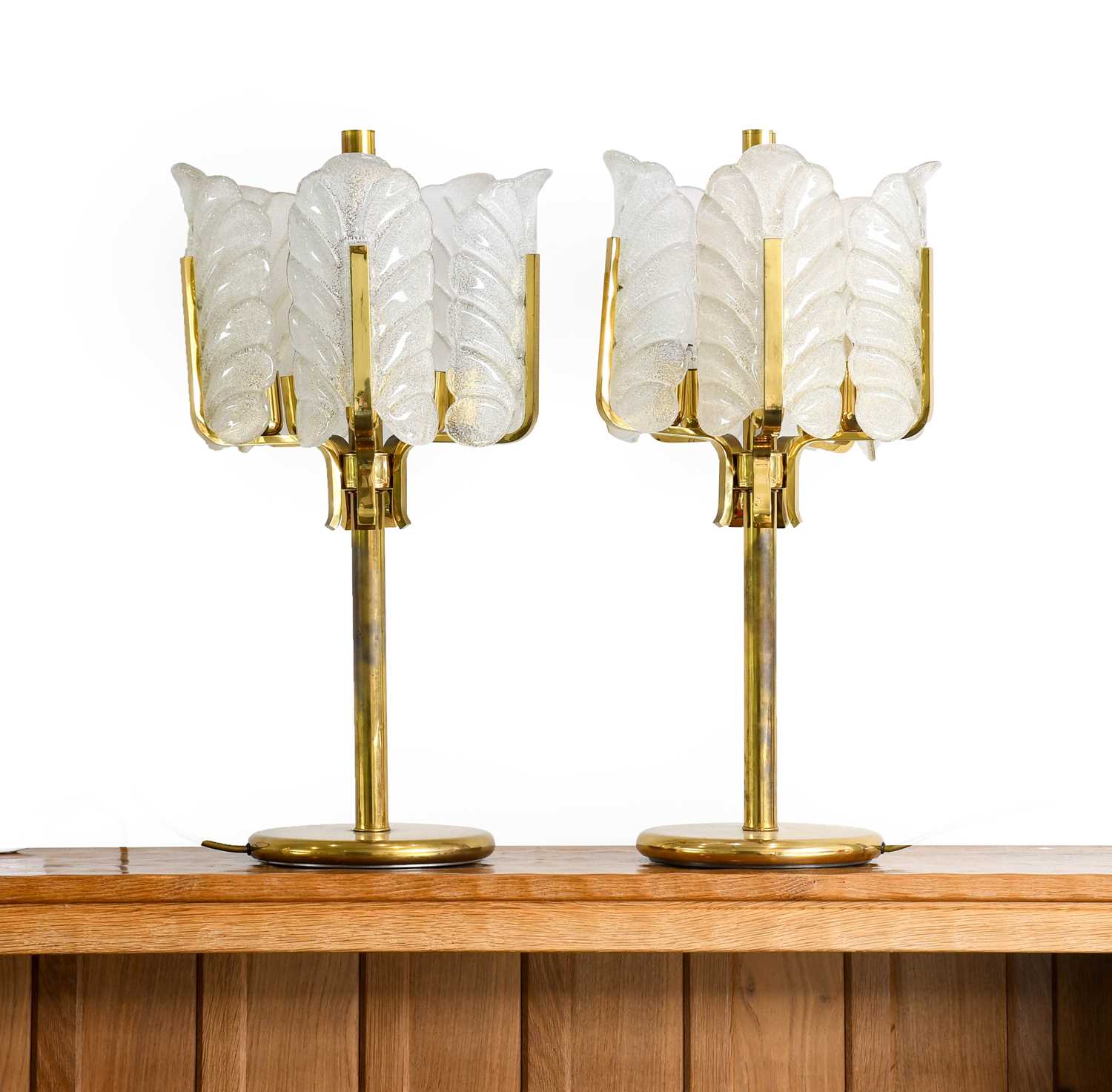 Lot 95 - A Pair of 1970s Brass and Glass Table Lamps,...