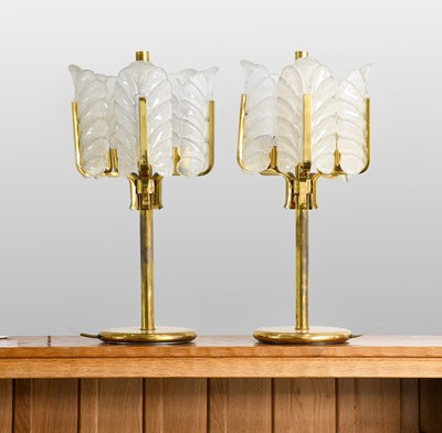 Lot 95 - A Pair of 1970s Brass and Glass Table Lamps,...