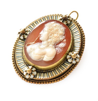 Lot 175 - An enamel shell cameo brooch/pendant, length 5....