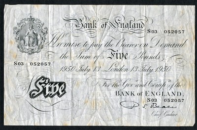 Lot 480 - Bank of England, White Five Pounds 1950, obv....