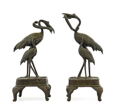 Lot 210 - A Pair of Japanese Bronze Groups of Cranes,...